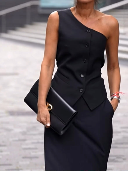Elara Einfarbiger One-Shoulder-Westen- und High-Waist-Hosenanzug - Lässiger Chic