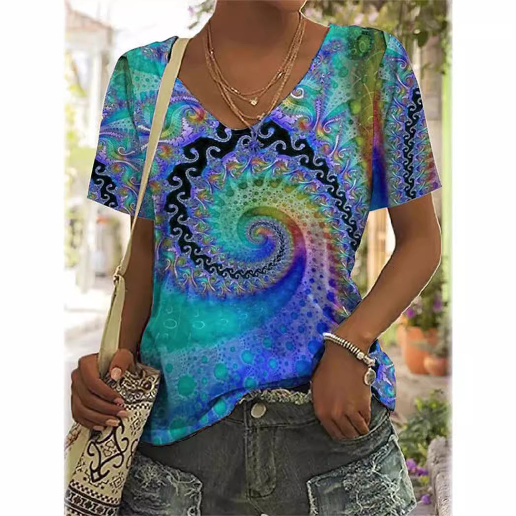 Soleil Spiral Shading V-neck 3D Printed Short Sleeve Casual Top