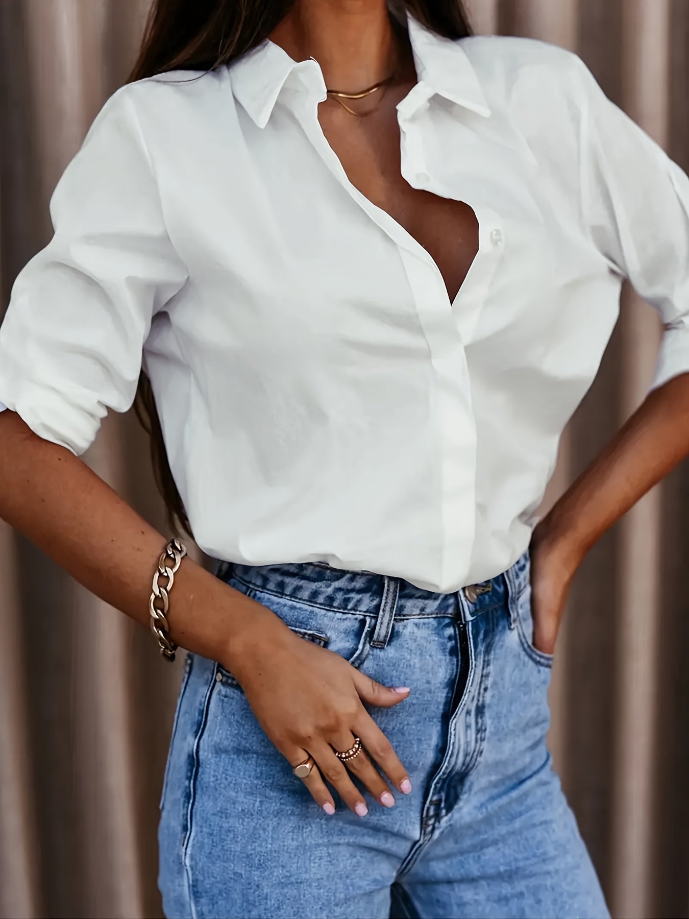 Herbst Einfachheit Langarm V-Ausschnitt Knöpfe Damen Shir