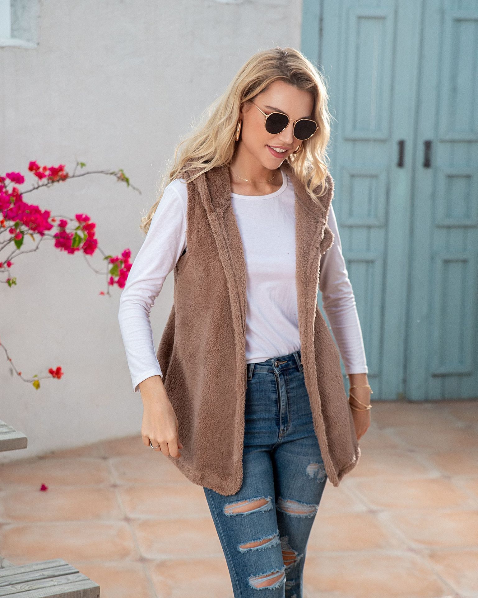 Riva Claire Mid-Length Hooded Vest Plush Skirt for Women