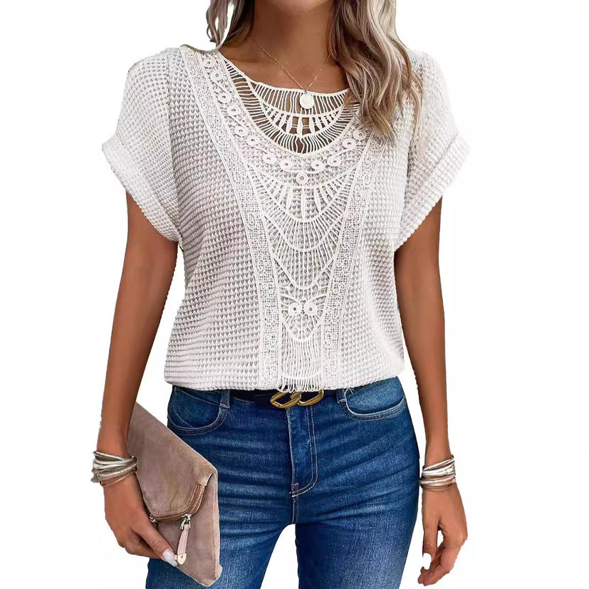 Riva Claire Women's Lace Patchwork Short-Sleeved Polyester T-Shirt