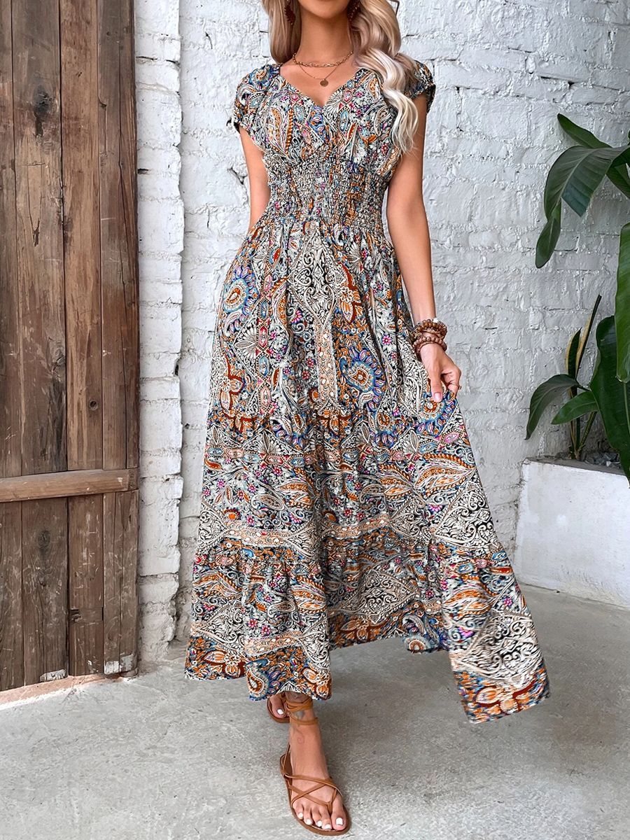 Elara Damen Bohemian-Kleid mit hoher Taille – Grün, Armeegrün, Rot, Orange