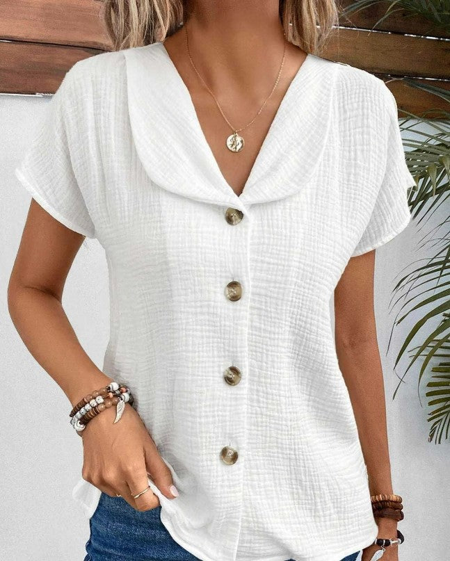 Lila Bloom Solid Color Short Sleeve Cardigan Button Women's Top