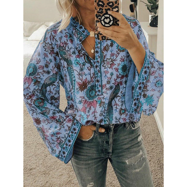 Clara Brooks Peacock Print Loose Shirt - Schickes Polyester-Top für den Frühling