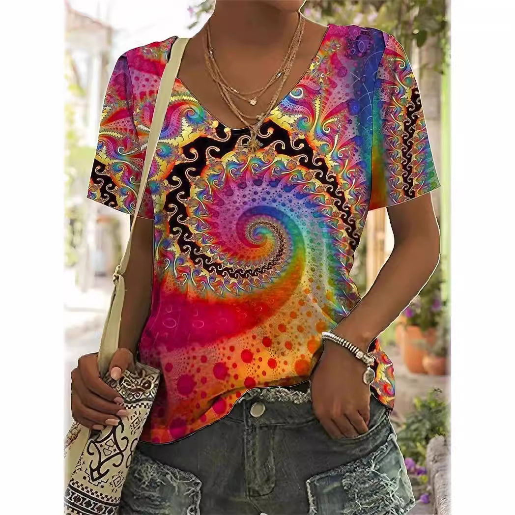 Soleil Spiral Shading V-neck 3D Printed Short Sleeve Casual Top