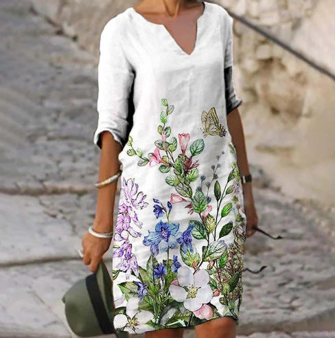 Elara Elegantes Leinenkleid mit V-Ausschnitt und Blumenblätter-Print - Langarm