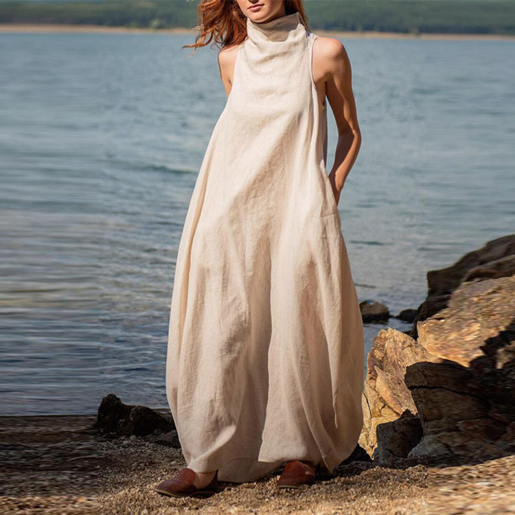 Langes Leinenkleid „Seren“ in Khaki – elegantes ärmelloses Design mit Stehkragen
