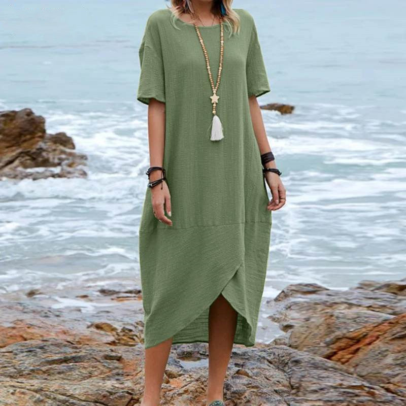 Elara Einfarbiges mittellanges Retrokleid für Damen - Kurze Ärmel