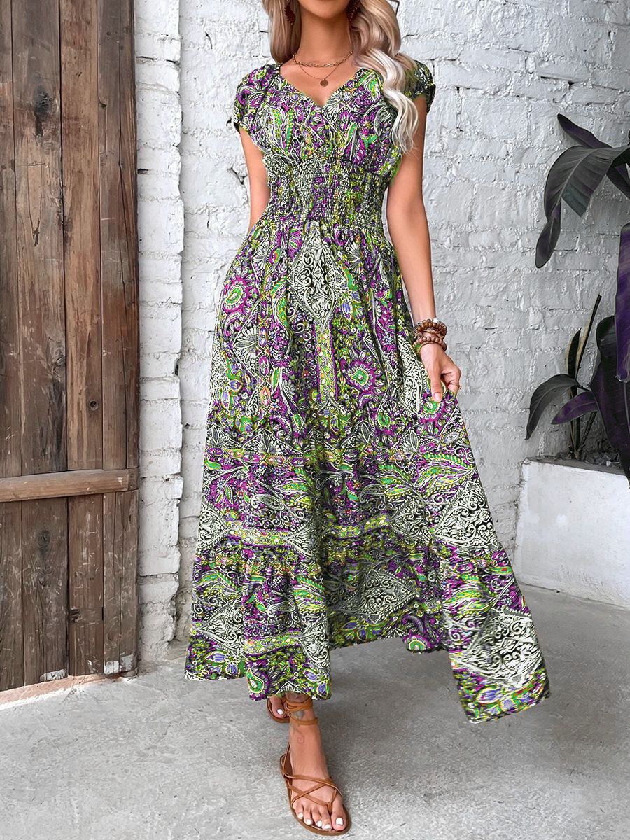 Elara Damen Bohemian-Kleid mit hoher Taille – Grün, Armeegrün, Rot, Orange