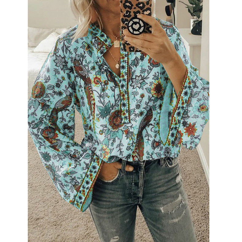 Clara Brooks Peacock Print Loose Shirt - Schickes Polyester-Top für den Frühling