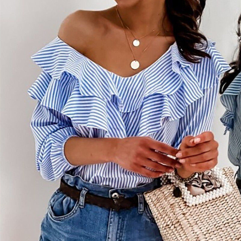 Aura Knox Gestreiftes Langarm-Oberteil mit V-Ausschnitt – Schickes modisches Baumwollhemd