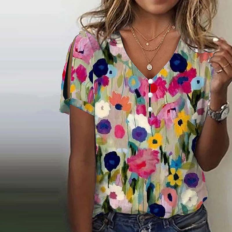 Fashionable All-match Watercolor Floral V-neck Short Sleeve