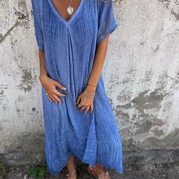 Lila Bloom Damen Halbformelles Kleid aus Baumwollleinen mit V-Ausschnitt – Rosa, Blau, Grau