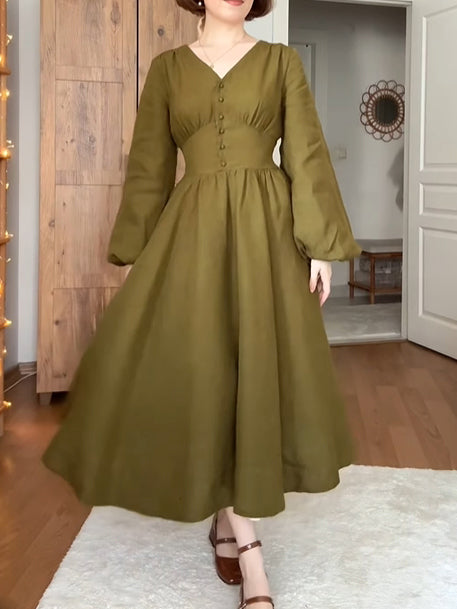 Clara Brooks Leinenkleid mit V-Ausschnitt – Langarm, Button-Down, Vintage-Charme
