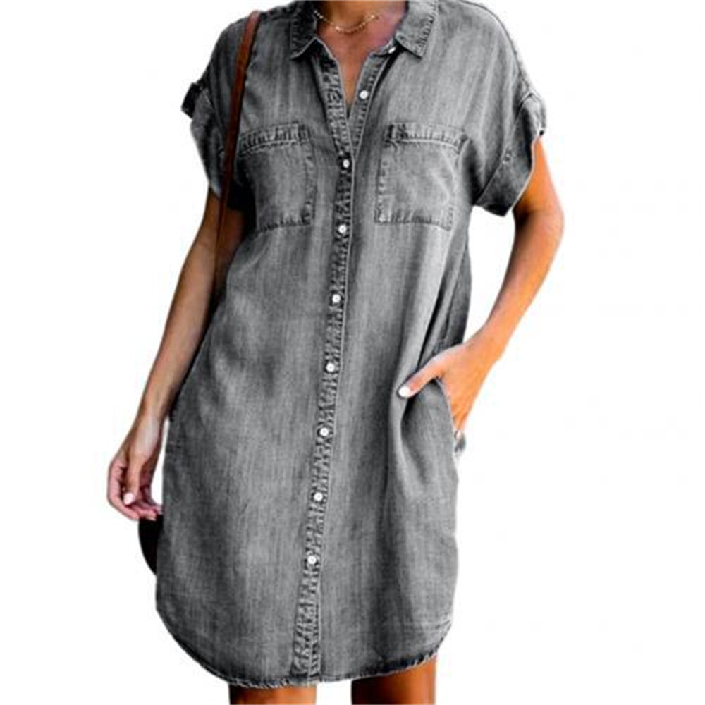 Riva Claire Damen Kurzärmliges, schmales Denim-Midikleid – Lässiger Streetstyle