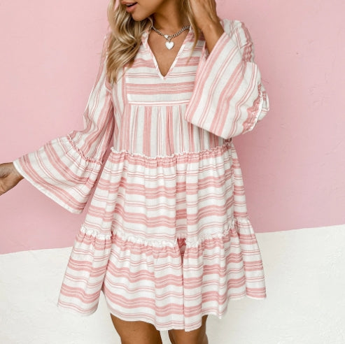 Iris Belle Bedrucktes, ausgestelltes Langarm-Freizeitkleid mit V-Ausschnitt - Trendy Patchwork 