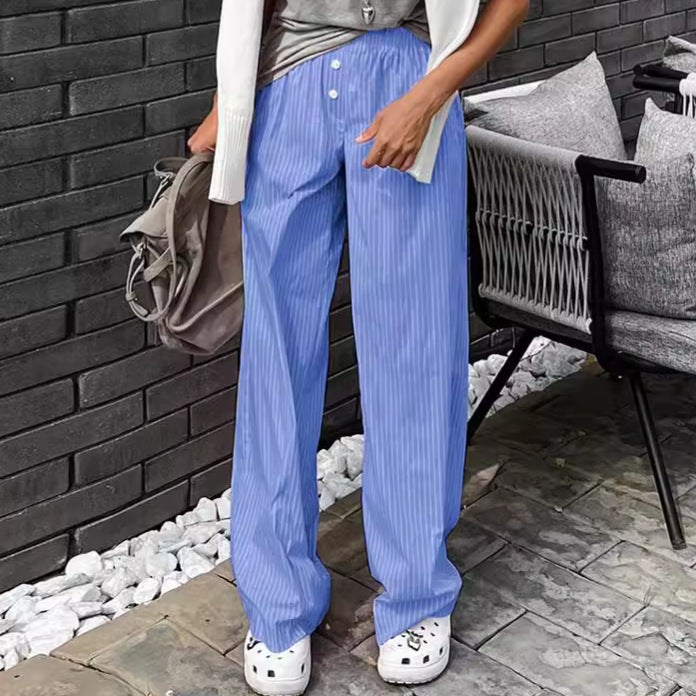 Elara Blaue, lockere Hose mit weitem Bein für Damen | Trendy gestreifte Polyesterhose