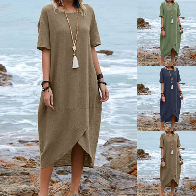 Elara Einfarbiges mittellanges Retrokleid für Damen - Kurze Ärmel