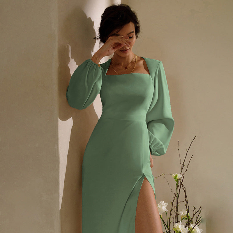 Clara Brooks Retro Langarmkleid – Baumwolle, einfarbig, Street Style