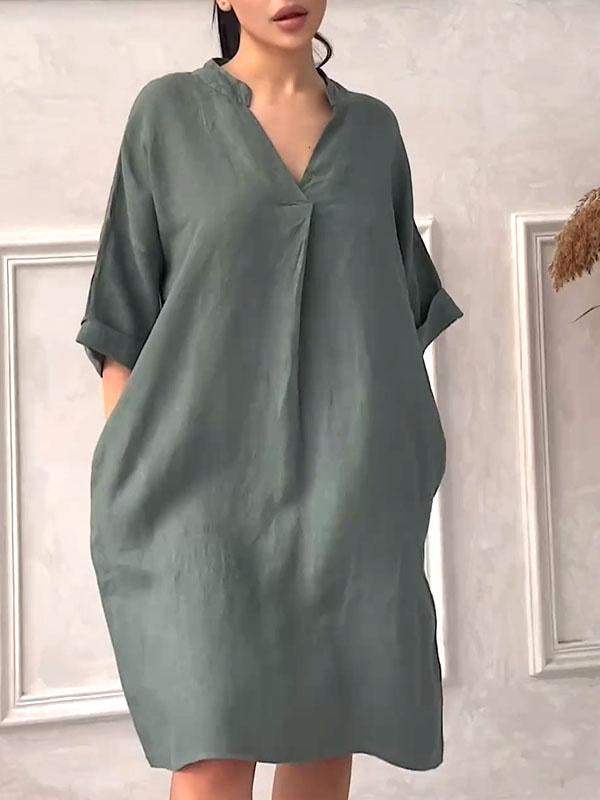 Lila Bloom Damen-Kleid aus Baumwollleinen mit V-Ausschnitt in Übergröße – lässiger Chic