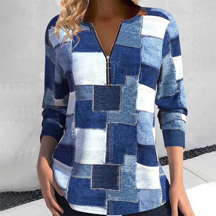 Elara Women's Sky Blue Geometric Long Sleeve Zipper Top – Trendy Pullover