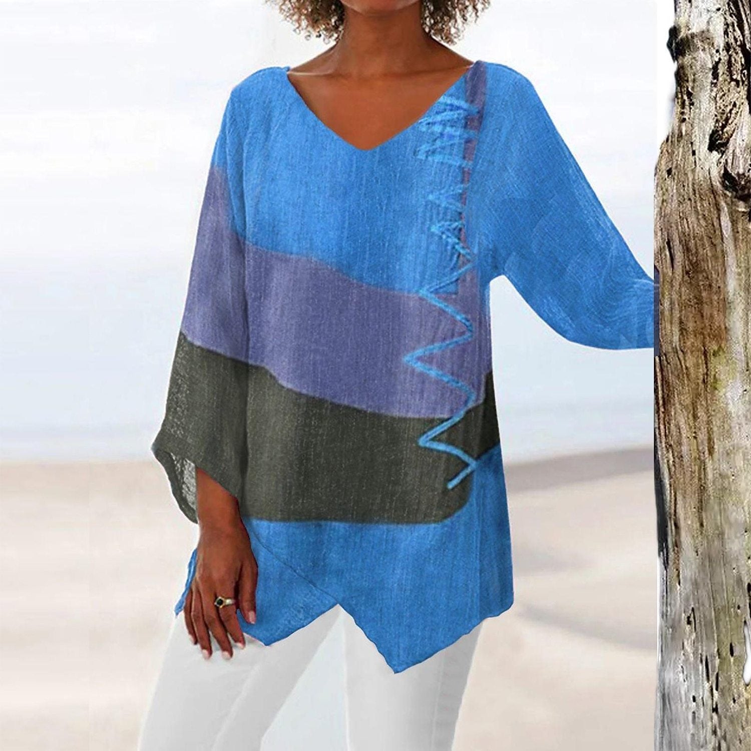 Elara Women's V-neck Long-sleeve T-shirt, Polyester Bark Wrinkle Fabric
