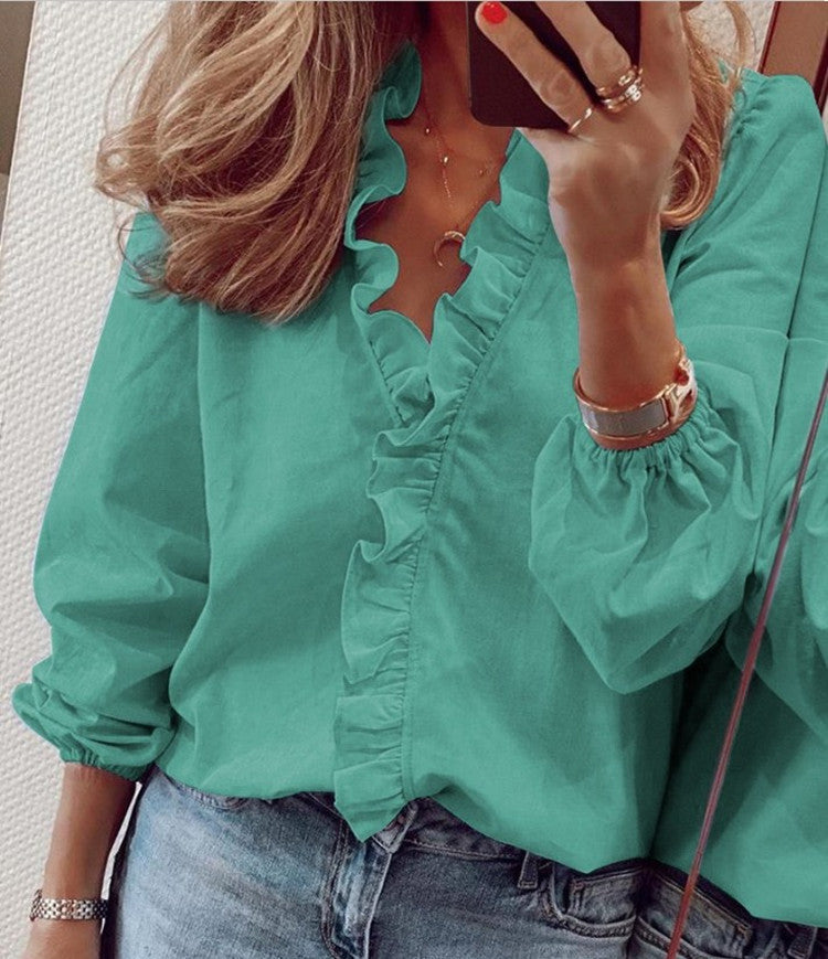 Elara Bedrucktes Langarmshirt mit V-Ausschnitt für Damen – Polyester und Laternenärmel