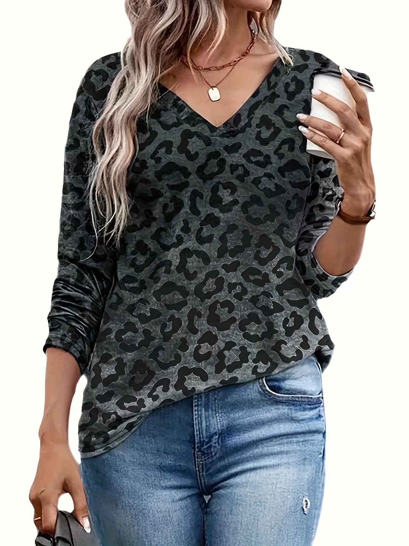 Soleil Women's Casual Leopard Print Top - Long Sleeve, Spandex Blend