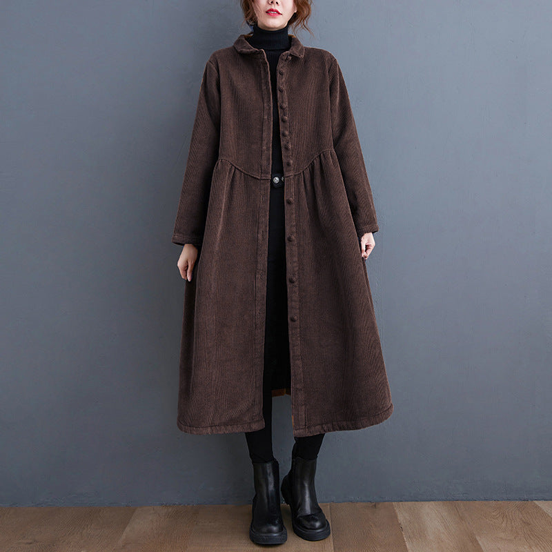 Herbst und Winter Fleece-gefütterter Langarm Retro Künstlerischer Lockerer Cord Freizeitmantel für Damen
