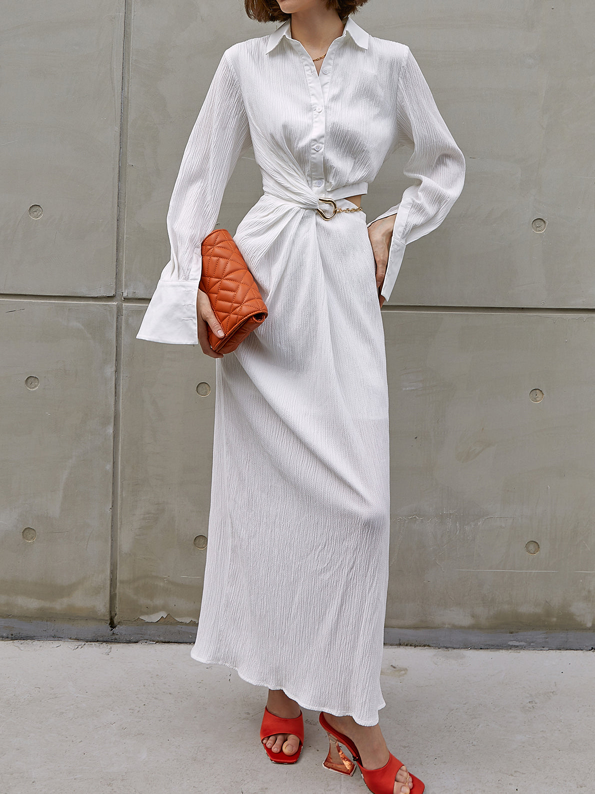 Elara Damen Asymmetrisches Maxikleid mit ausgehöhlter Taille – Polyester, lange Ärmel