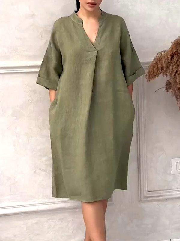 Lila Bloom Damen-Kleid aus Baumwollleinen mit V-Ausschnitt in Übergröße – lässiger Chic