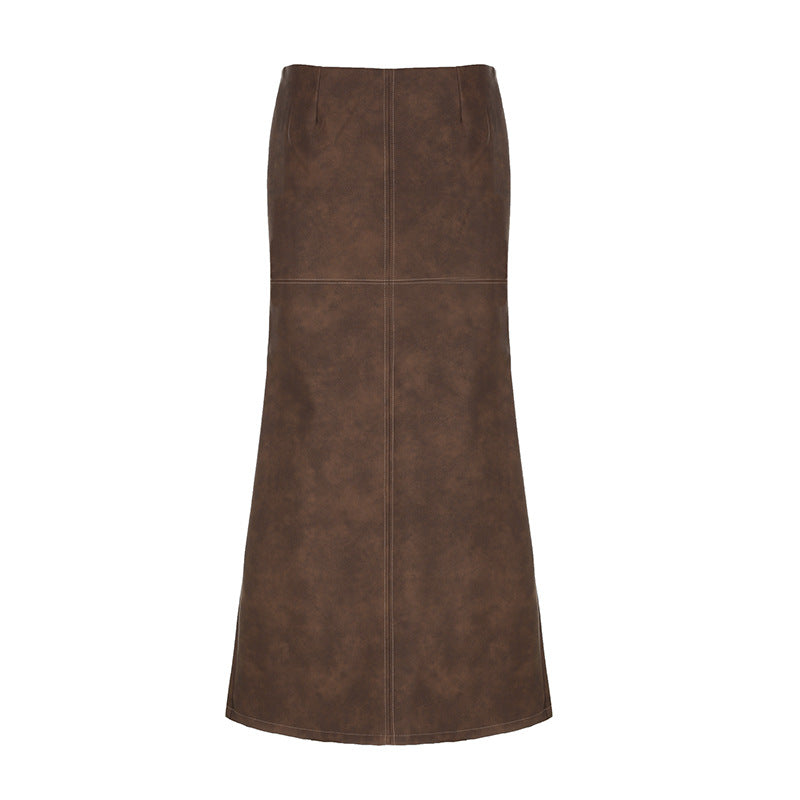 Riva Claire Retro Distressed Leather Fishtail Skirt - Brown