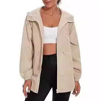 Lila Bloom Damen Trenchcoat mit langen Ärmeln, Reißverschluss und Kapuze, lässige Jacke