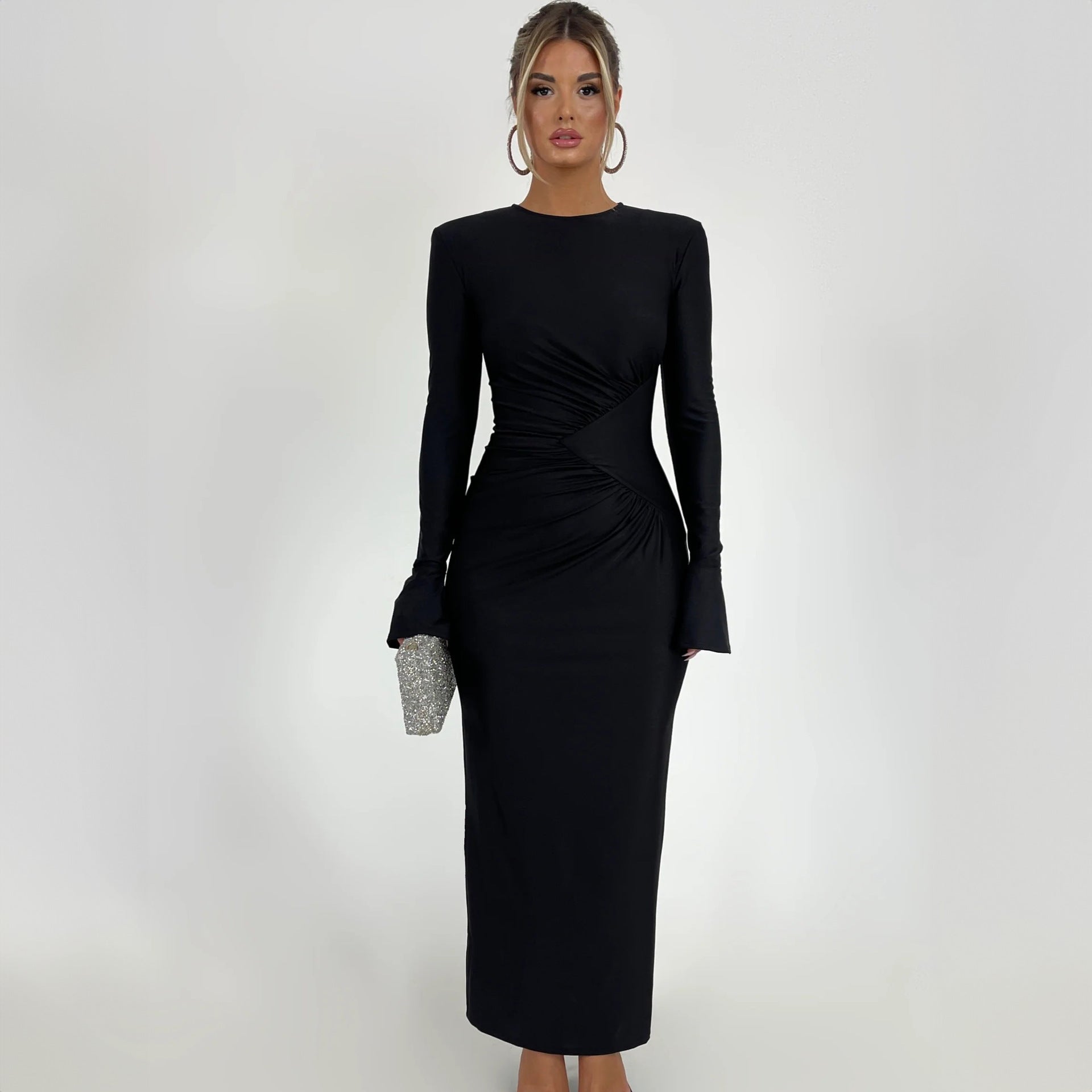 Elara Einfarbiges Slim Fit Langarmkleid mit Falten - Trendy &amp; Elegant 