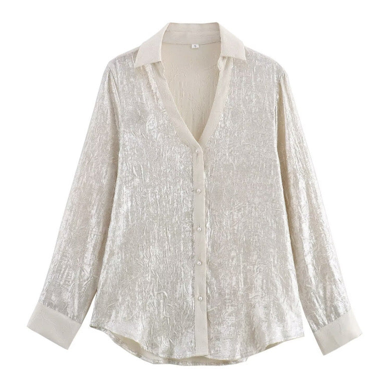 Riva Claire Women's Slim Fit Lapel V-Neck Long-Sleeved Shirt - Polyester Fiber