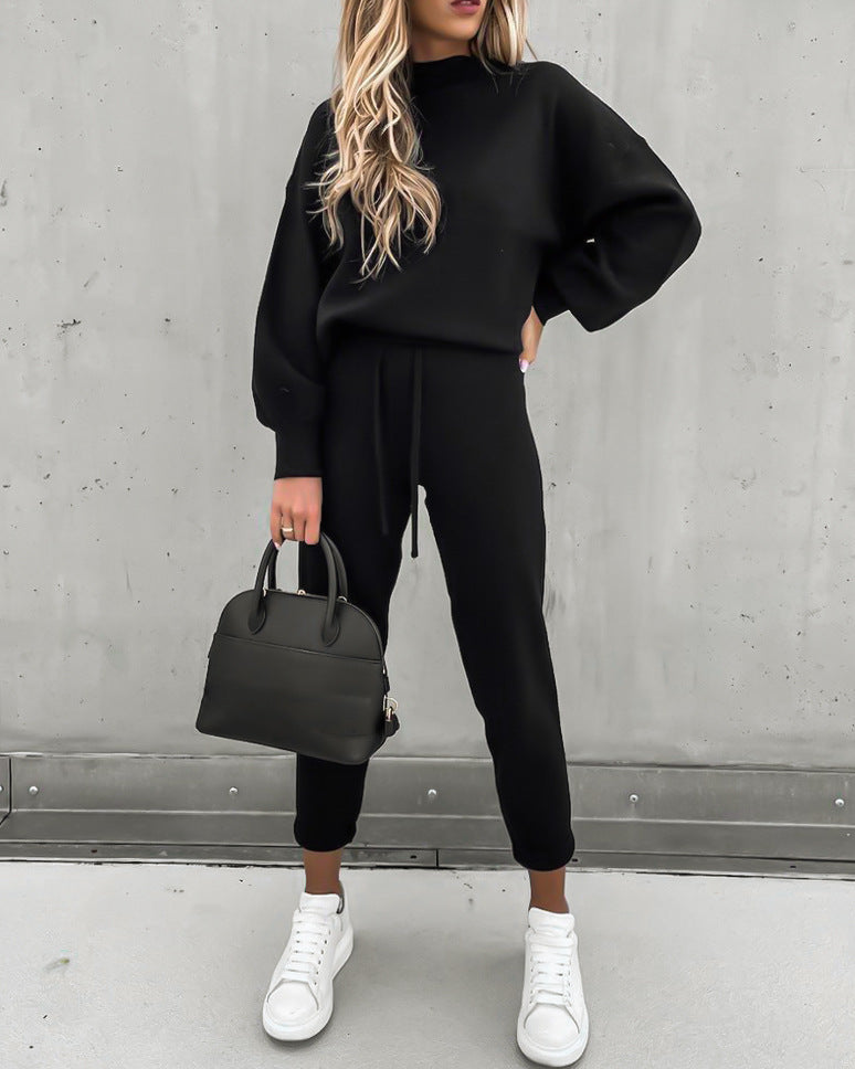 Pullover mit hohem Kragen und Hose, lässiger zweiteiliger Anzug